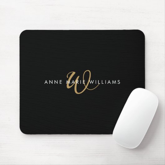 Moderne Zwarte Gouden Script Monogram Muismat (Met muis)