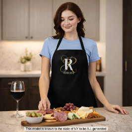 Moderne Zwarte Gouden Script Monogram Naam Schort