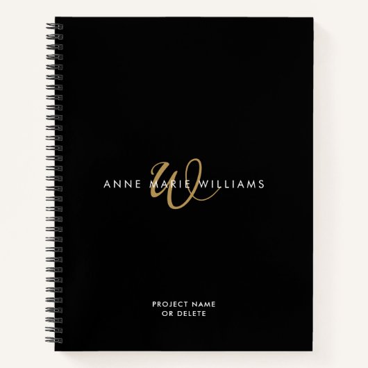 Moderne Zwarte Gouden Script Monogram Notitieboek (Voorkant)