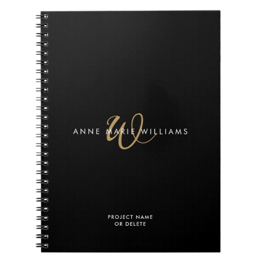 Moderne Zwarte Gouden Script Monogram Notitieboek (Voorkant)
