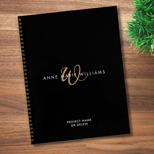 Moderne Zwarte Gouden Script Monogram Notitieboek