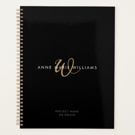 Moderne Zwarte Gouden Script Monogram Planner (Voorkant)