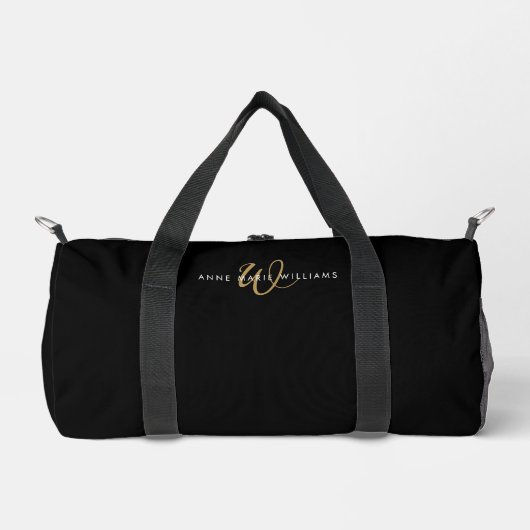 Moderne Zwarte Gouden Script Monogram Plunjezak (Voorkant)