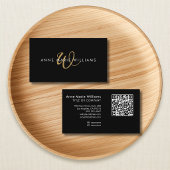 Moderne Zwarte Gouden Script Monogram QR Code Visitekaartje