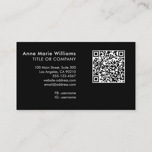 Moderne Zwarte Gouden Script Monogram QR Code Visitekaartje (Achterkant)