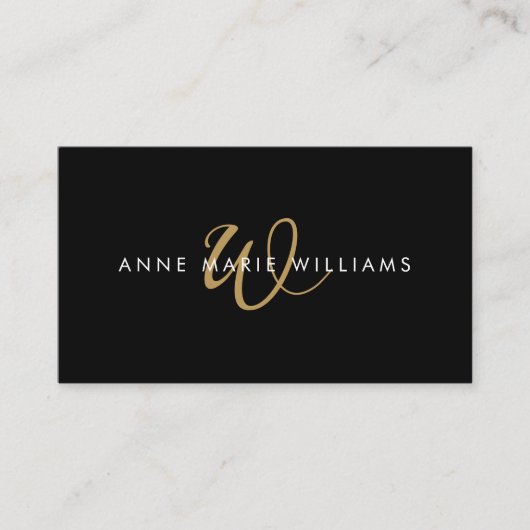 Moderne Zwarte Gouden Script Monogram QR Code Visitekaartje (Voorkant)