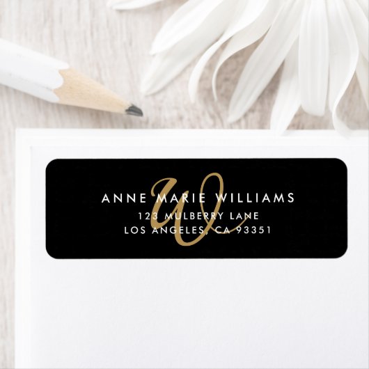 Moderne Zwarte Gouden Script Monogram Retouradres Etiket (Insitu)