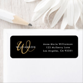Moderne Zwarte Gouden Script Monogram Retouradres Etiket