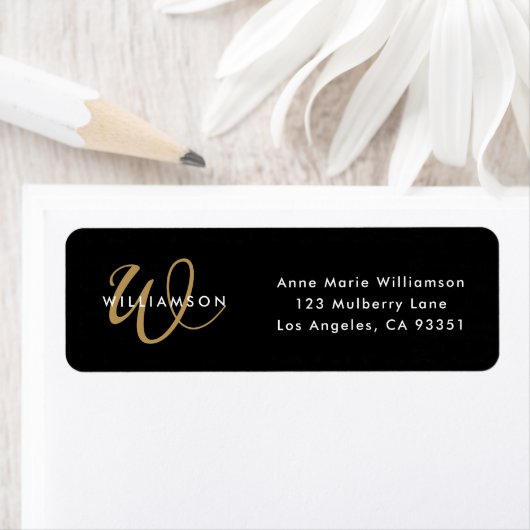 Moderne Zwarte Gouden Script Monogram Retouradres Etiket (Insitu)