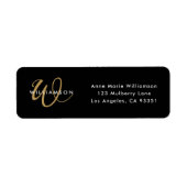 Moderne Zwarte Gouden Script Monogram Retouradres Etiket (Voorkant)