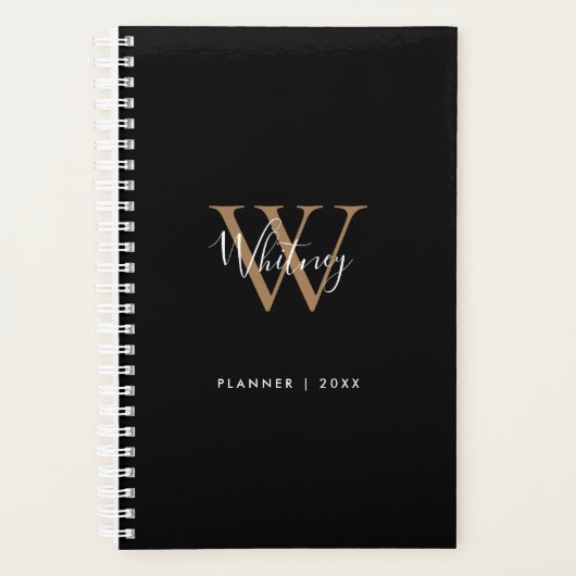 Moderne Zwarte Gouden Script Naam Monogram 2023 Planner (Voorkant)