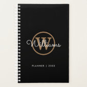 Moderne Zwarte Gouden Script Naam Monogram Planner (Voorkant)