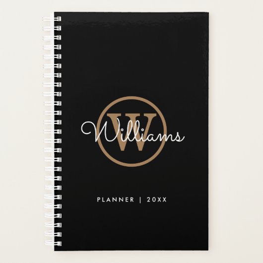 Moderne Zwarte Gouden Script Naam Monogram Planner (Voorkant)