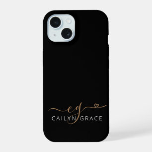 Moderne Zwarte Gouden Vrouwelijk Schrift Hart Mono iPhone 15 Case