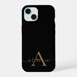 Moderne Zwarte Gouden Vrouwelijk Schrift Monogram iPhone 15 Case