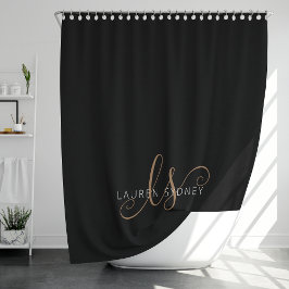 Moderne Zwarte Gouden Vrouwelijke Script Monogram Douchegordijn