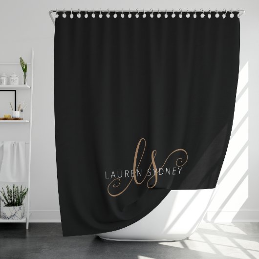 Moderne Zwarte Gouden Vrouwelijke Script Monogram Douchegordijn