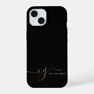 Moderne Zwarte Gouden Vrouwelijke Script Monogram iPhone 15 Case