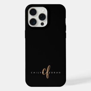 Moderne Zwarte Gouden Vrouwelijke Script Monogram iPhone 15 Pro Max Case
