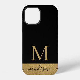 Moderne Zwarte Gouden Vrouwelijke Script Monogram iPhone 12 Hoesje