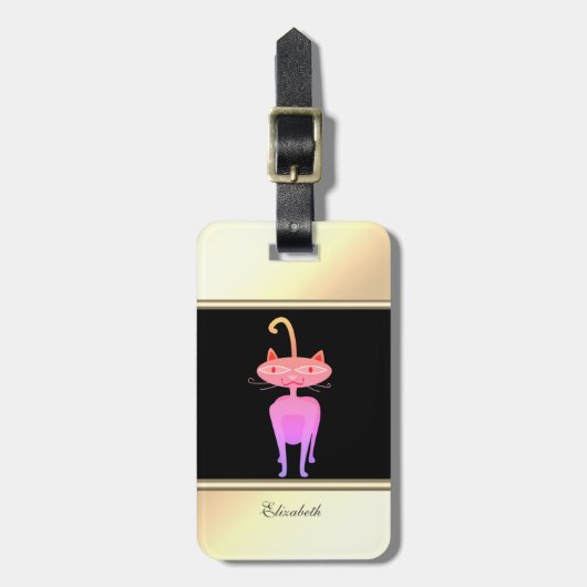Moderne Zwarte, Gouden, Whimsical Kat-Gepersonalis Bagagelabel (Voorkant verticaal)