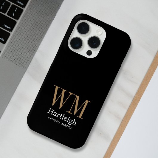 Moderne Zwarte Gouden Witte Monogram Naam Case-Mate iPhone Case