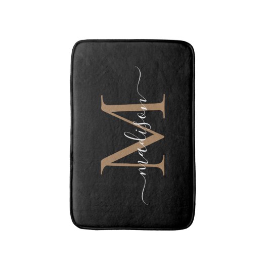 Moderne Zwarte Gouden Witte Monogram Script Naam Badmat (Voorkant Verticaal)