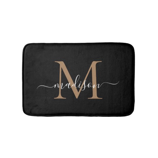 Moderne Zwarte Gouden Witte Monogram Script Naam Badmat (Voorkant)