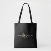 Moderne Zwarte Gouden Witte Script Monogram Tote Bag (Voorkant)