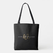 Moderne Zwarte Gouden Witte Script Monogram Tote Bag (Achterkant)
