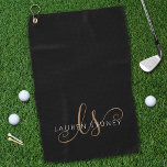 Moderne zwarte goudfilm, afgebeeld in script golfhanddoek<br><div class="desc">Modern Black Gold Feminine Script Monogrammed Golf Towel. Easily personalize this modern elegant golf towel with your custom monogram and name.</div>