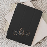 Moderne zwarte goudfilm, afgebeeld in script iPad pro cover<br><div class="desc">Modern Black Gold Feminine Script Monogrammed iPad cover. Pas deze moderne elegante iPad-cover eenvoudig aan met uw eigen monogram en naam.</div>