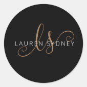 Moderne zwarte goudfilm, afgebeeld in script ronde sticker (Voorkant)