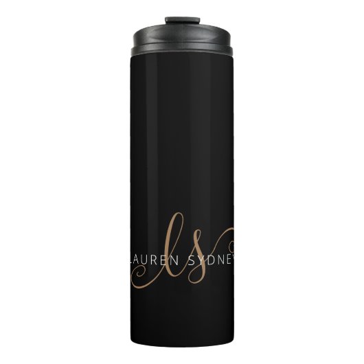 Moderne zwarte goudfilm, afgebeeld in script thermosbeker (Voorkant)