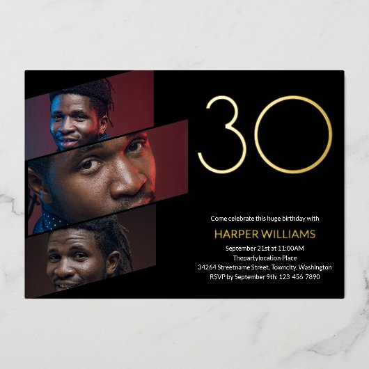 Moderne zwarte goudfoto 30e verjaardag folie uitnodiging (Voorkant)