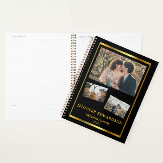 Moderne zwarte goudfotocollage bruiloft planner (Display)