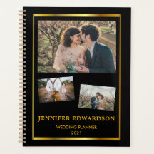 Moderne zwarte goudfotocollage bruiloft planner