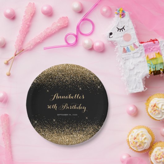 Moderne zwarte goudglitter bespaart elke dag papieren bordje (Feest)