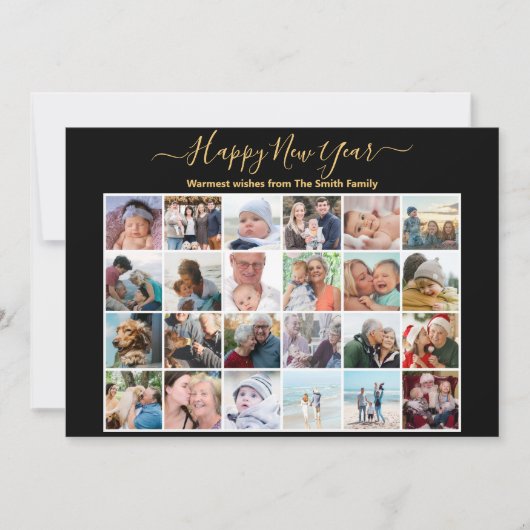 Moderne zwarte goudglitter elegant-scriptfoto feestdagenkaart (Voorkant)