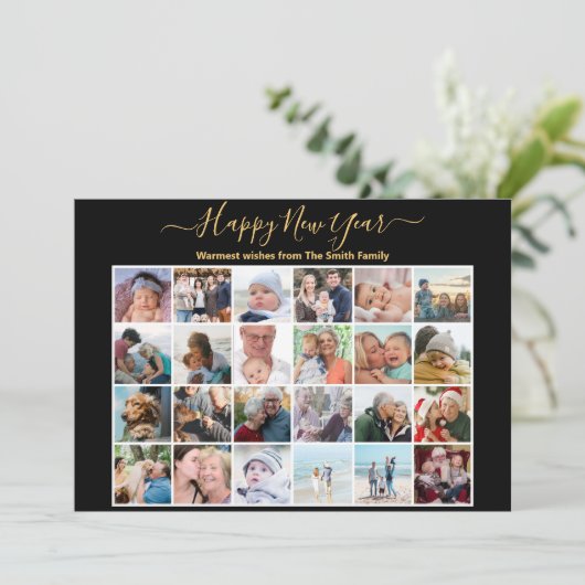 Moderne zwarte goudglitter elegant-scriptfoto feestdagenkaart (Staand voorkant)