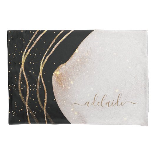 Moderne zwarte goudglitter-scriptnaam kussensloop (Voorkant-Links)