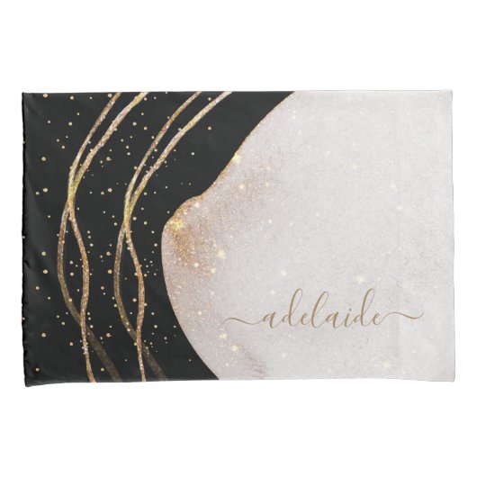 Moderne zwarte goudglitter-scriptnaam kussensloop (Voorkant-Rechts)