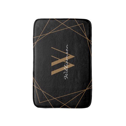 Moderne zwarte goudlegant witmonogram script badmat (Voorkant Verticaal)