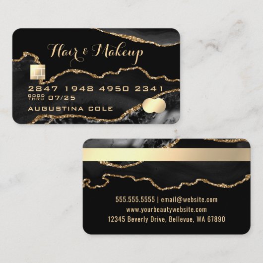 Moderne zwarte goudmakerij met marmer Faux-creditc Visitekaartje (Voorkant / Achterkant)