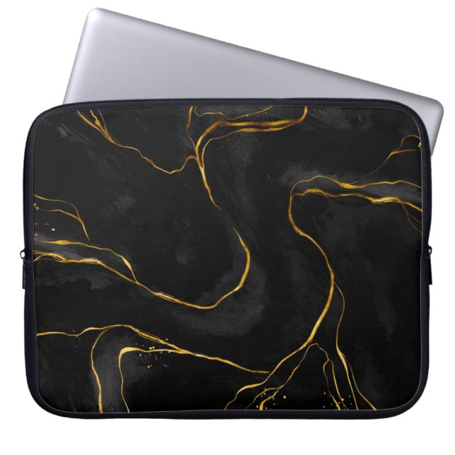 Moderne zwarte-goudmarmerachtergrond laptop sleeve (Voorkant)