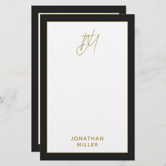 Moderne zwarte goudmonogram briefpapier (Voorkant / Achterkant)