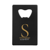 Moderne zwarte goudmonogram Elegant Script Name Creditkaart Flessenopener (Voorkant)