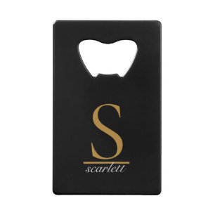 Moderne zwarte goudmonogram Elegant Script Name Creditkaart Flessenopener