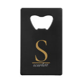 Moderne zwarte goudmonogram Elegant Script Name Creditkaart Flessenopener (Achterkant)