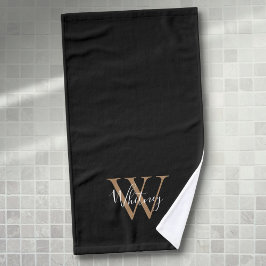Moderne zwarte goudmonogram Elegant Script Name Handdoek